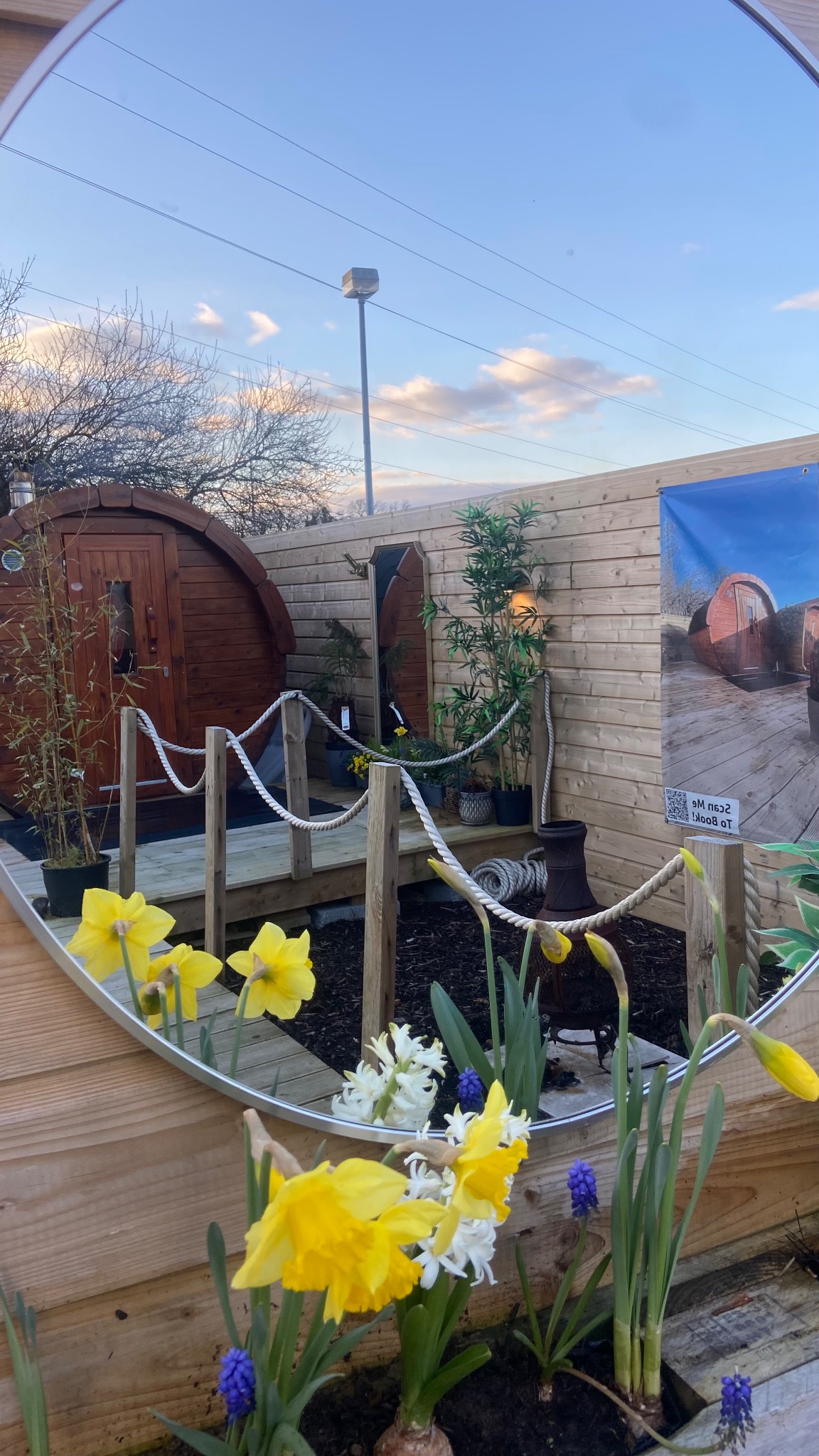 Celbridge sauna location with wooden deck and flowers